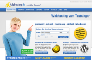 Ein Bildschirmdruck der Startseite von Alfahosting.de